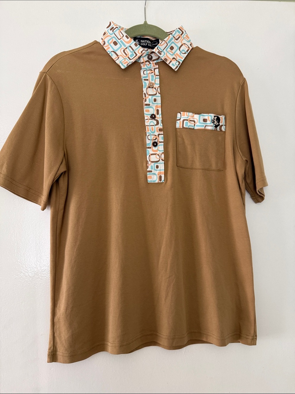 Men's Tan Polo with Patterned Contrast Collar and Pocket Trim
